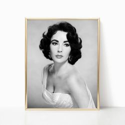 Elizabeth Taylor Famous Movie Actress Print Black and White Retro Vintage Luxury Fashion Photography Canvas Framed Print