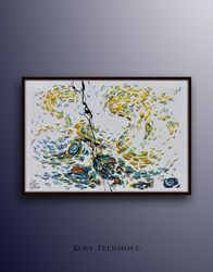 Abstract Painting 40 - Moon & Sea  , Original hand made Cold Blue tone colors, Express Shipping, By Koby Feldmos