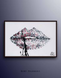 Black white painting 40 lips in touches of red pink, beautiful female sexy alluring lips of woman, thick oil paint layer