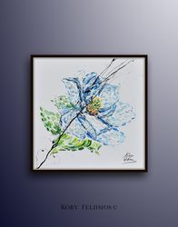 Blue Flower 35 Original oil painting on canvas, Luxury thick layers Gives extremely good relaxing vibes, by Koby Feldmos