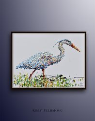 heron bird oil painting 40,  original oil painting on canvas, relaxing colors, handmade original art by koby feldmos