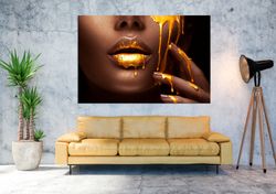 African Woman print Gold Lips canvas Fashion wall art African American art Black Woman Large wall art Living room