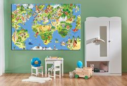 Animal world Map canvas wall art Kids world Map Printable wall art Nursery world Map Large wall art Baby room decor Trav