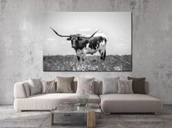 Black white Cow Canvas wall art Texas longhorn print Longhorn black white Bull wall decor Modern farmhouse Western Rusti