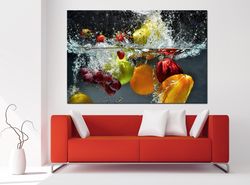 Fruits Kitchen wall decor Fruits in water Canvas wall art Healthy food Nature wall art Splash water Fruit canvas art
