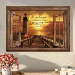 Light House Sunset Painting My God Is My Rock In Whom I Take Refuge Canvas Wall Art Canvas Picture Jesus Home Decor God