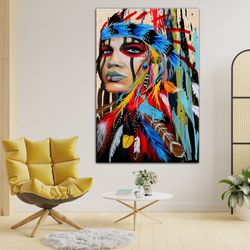 Native American Indian Girl Wall Art Canvas Painting Women, Wall Decor Pop Art, Colorful Feathered Prints, Ready To Hang