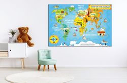 Nursery World Map canvas wall art Animals of the World map for Kids room decor Colorful map Extra large wall art Living