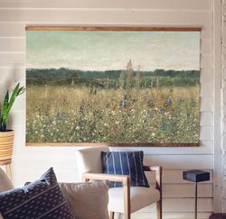 vintage art wall decor  field of flowers art canvas tapestry  wall hanging canvas  large wall decor  wildflower field ta