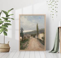 Vintage European Field Countryside Farmhouse Spring Landscape Painting Retro House Wall Art Decor Canvas Framed Printed