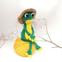 Funny soft toy frog in a hat, gift idea for friends, crocheted frog
