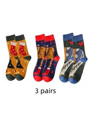 3 pairs of personalized and trendy Christmas socks with autumn and winter multi-color patterns, cute couple socks, Santa
