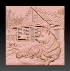 3D Model STL file Dog near a house in the forest for CNC Router