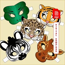 Paper Masks. DIY. Masks for coloring. 5 masks - Tiger, jaguar, giraffe, zebra, snake.