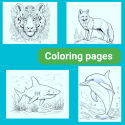 Animals and fish coloring pages. Kids Coloring Pages Printable Digital Page Instant Download