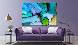 Blue Green Abstract wall art canvas Blue Green Watercolor prints on canvas Colorful Marble Abstract print Modern wall ar