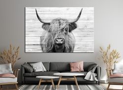 Cattle Wall Decor Canvas Wall Art Black White Highland Cow Print Large Wall Art Scottish Cow Art Wall Decoration