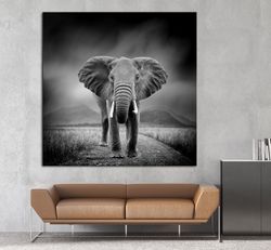 Elephant on Road modern print African animals Canvas wall art Black White print African Elephants gift Living room decor
