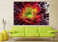 Flower art Succulent Plant wall art print Water Drops on Succulent painting print Red Flower cactus wall art Large canva