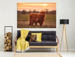 Highland Cow wall art canvas Highland Cow with calf Nursery prints Sunset landscape print Rustic wall decor Large canvas