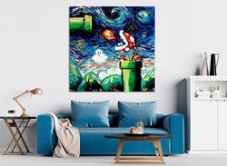 Modern Starry Night wall art print Super Mario world Large canvas art Modern Van Gogh print Super Mario Gift Game room d