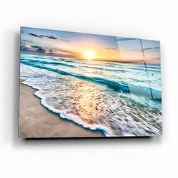Sunset at the Ocean, Beach Scenery Glass Wall Art, Beach View, Sea Landscape Wall Decor, Beach Wall Art, Beach Wall Deco