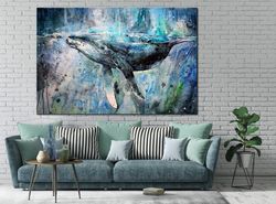Whale art prints Watercolor Humpback Whale wall art canvas Nautical Large canvas Underwater life Kids room decor-1