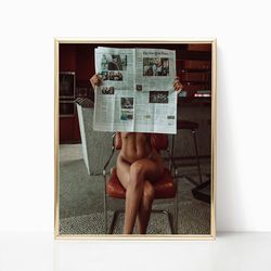 Naked Woman Reading Newspaper Vintage Retro Photo Fashion Bedroom Kitchen Art Coffee Shop Decor Photography Poster Canva