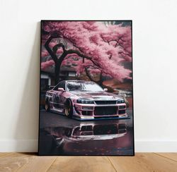 Nissan Skyline R-34 Neon Night Poster, Sports Car Wall Art, Car Wall Decor, Rolled Canvas Print, Gifts For Car Wall Art