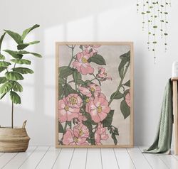 Pink Blossoms Vintage Wall Art Flowering Blooming Branch Antique Painting Retro Botanical Boho Room Decor Canvas Nature