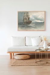 Vintage Old Sailing Ship Seascape Coastal Nautical Printed Painting Wall Art Antique Neutral Decor Canvas Framed Stormy