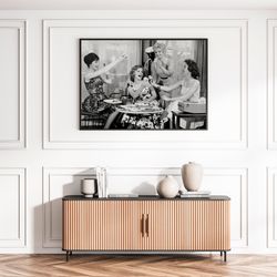 vintage woman eating pasta black and white old retro photography trendy kitchen diner wall art decor canvas frame printe