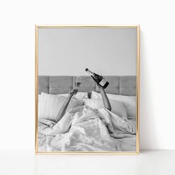 Woman Drinking Champagne Black and White Vintage Old Retro Photo Trendy Wall Art Bar Poster Canvas Framed Printed Wall A