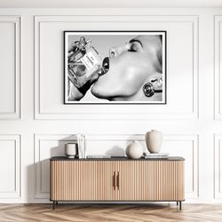 Woman Drinking Champagne in Sea Black and White Vintage Old Retro Photo Beach Costal Ocean Wall Art Bar Poster Canvas Fr