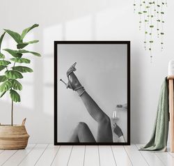 woman drinking pink champagne in bubble bath black & white vintage retro photo fashion bedroom wall art decor poster can