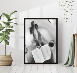 woman drinking wine in bed black and white vintage retro photo fashion bedroom happy hour bar wall art decor poster canv