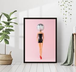 Disco Ball Barbie Print Retro Pink Aesthetic Poster Club Fashion Dance Party Canvas Framed Printed Preppy Trendy Funky B