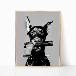 Doberman Dog Gun Print Black and White Animal Old Retro Luxury Vintage Fashion Photography Canvas Framed Printed Trendy