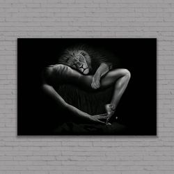 Woman and Lion Canvas or Poster, Black and White Decor, animal print Wall Art, bedroom, nude body canvas print, sexy wom