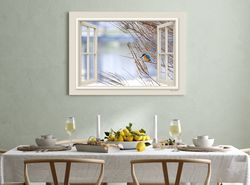 3d open window printed on canvas, kingfisher bird on a tree photography print, nature window view picture, housewarming