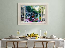 3D Window view of the canals in Amsterdam printed on canvas, Pink Geranium flowers open window canvas art, Ready to hang