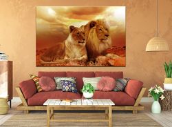 African Lion and Lioness canvas wall art Lion family Large wall art Lion art print Living room wall art Gift for couple