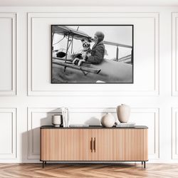 Female Pilot and Dog Poster Black and White Funny Woman Airplane Old Retro Vintage Fashion Photography Canvas Framed Pri