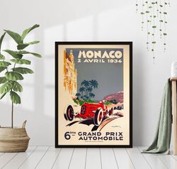 Monaco Grand Prix Sports Car Race Fan Gift Old Vintage Retro Antique Illustration Canvas Framed Poster Printed Wall Art