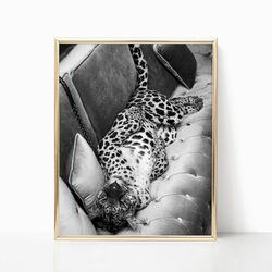 Panther in Restaurant Print Leopard Jaguar Black and White Old Retro Vintage Fashion Photography Canvas Framed Printed T