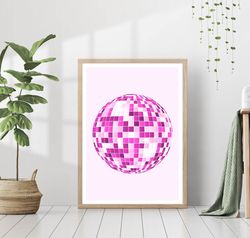 Pink Aesthetic Disco Ball Barbie Print Retro Poster Club Fashion Dance Party Canvas Framed Printed Preppy Trendy Funky B