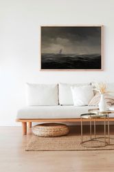 vintage moody seascape coastal nautical printed painting muted wall art antique decor canvas framed ocean water field ab