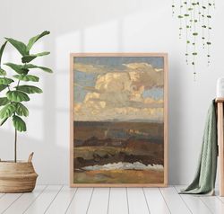 Vintage Clouds Antique Sky Painting Countryside Canvas Nature Print Poster Framed Moody Farmhouse Rustic Wall Art Room D