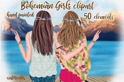 Bohemian Girls Clipart Png, Hippie Girls Clipart, Boho Girls Clipart