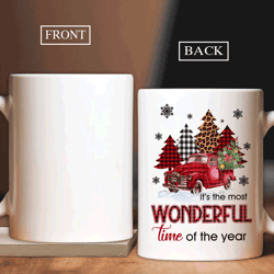 Jesus White Mug- Red ladybug car, Checkered pattern, Christmas gift, It's the most wonderful time of the year